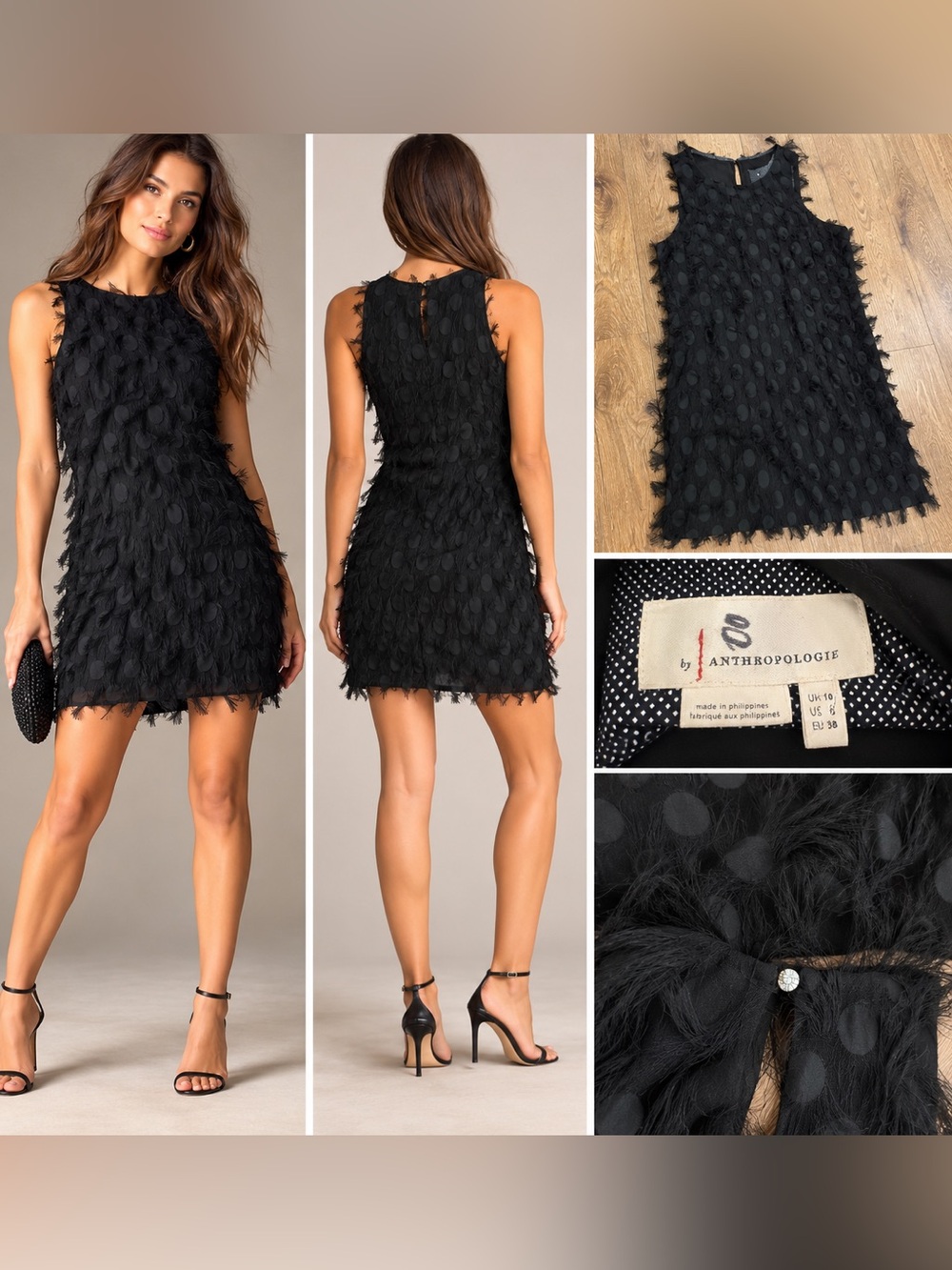 Anthropologie Black Textured Fringe Polka Dot Sleeveless Mini Dress Size 6
